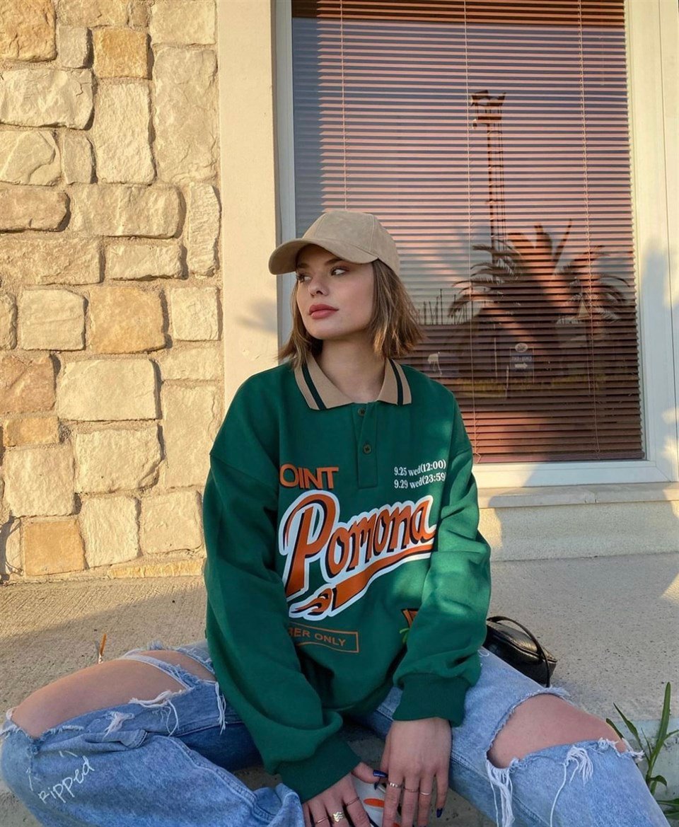 Sokak Tarzı Yeşil Pomona Polo Yaka Oversize Unisex Sweatshirt