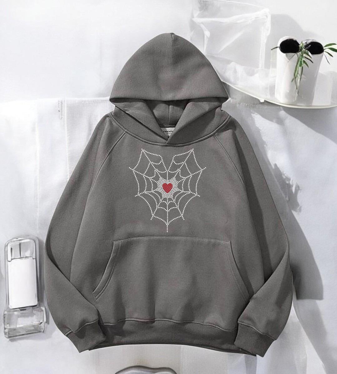 Spider Heart Taş İşleme Detail Baskılı Antrasit Kapşonlu Sweatshirt