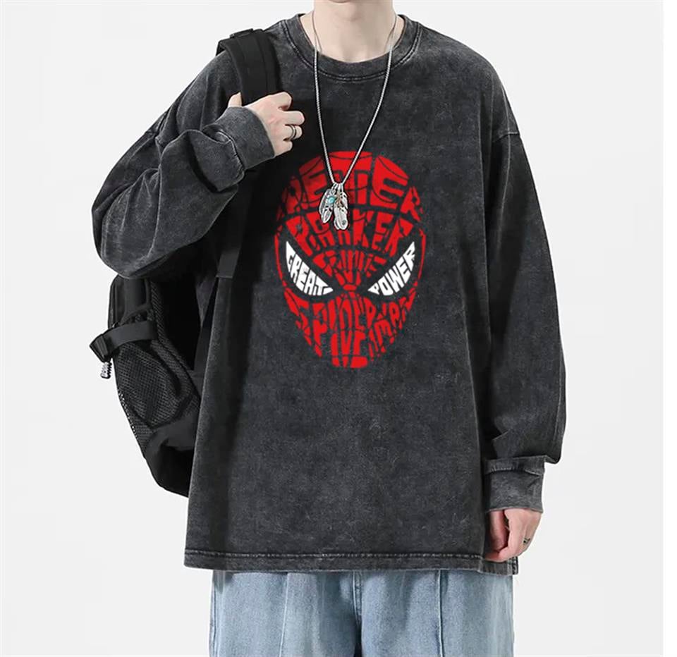 Spider-Man Head Baskılı Yıkamalı Vintage Unisex Oversize Bisiklet Yaka Sweatshirt