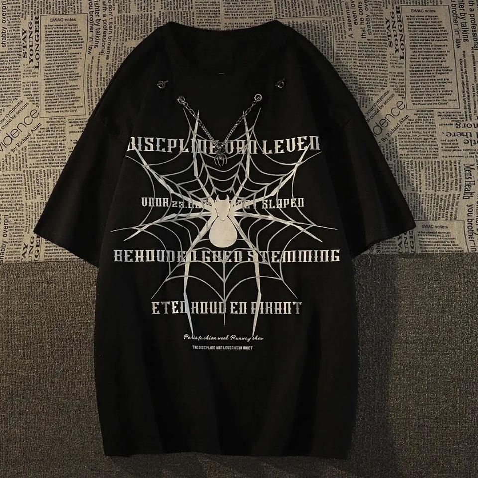 Spider Zincir Detaylı Spider Baskılı Siyah Unisex Oversize T-shirt