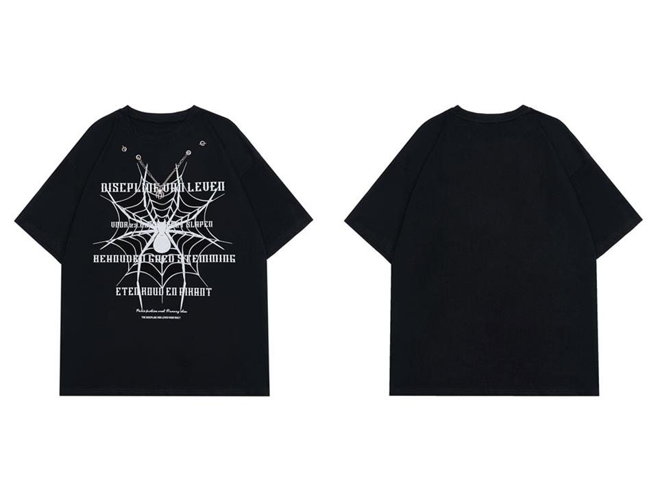 Spider Zincir Detaylı Spider Baskılı Siyah Unisex Oversize T-shirt