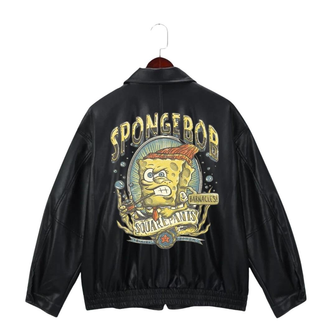 Sponge Bob Retro Baskılı Streetwear Siyah Oversize Unisex Astarlı Deri Ceket