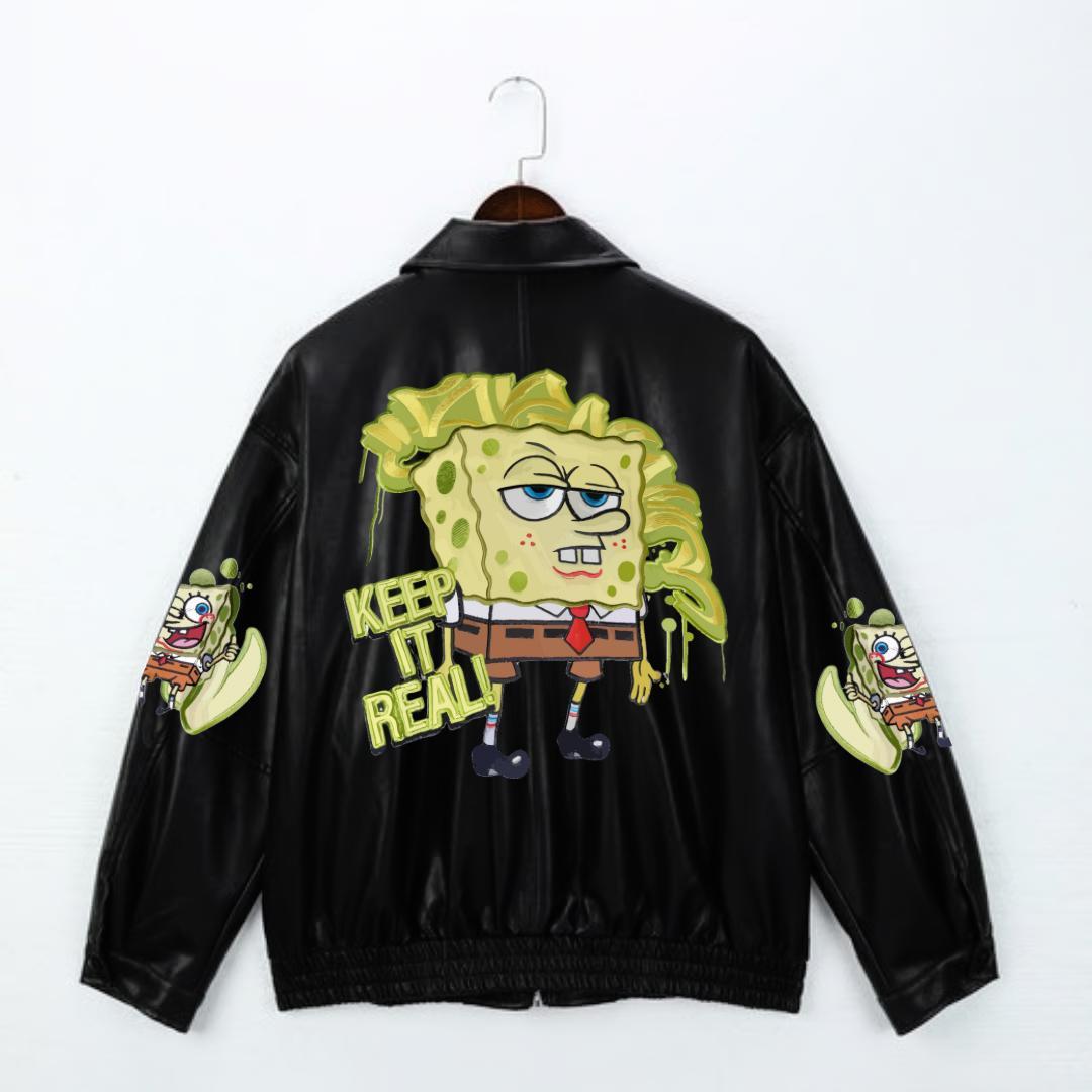 SpongeBob SquarePants Siyah Oversize Unisex Astarlı Deri Ceket