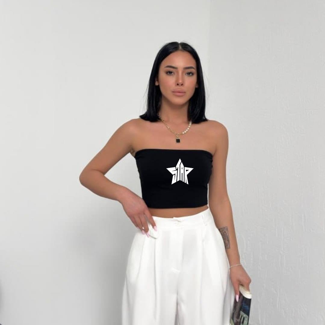 Star Detail Baskılı Likralı Pamuklu Penye Straplez 