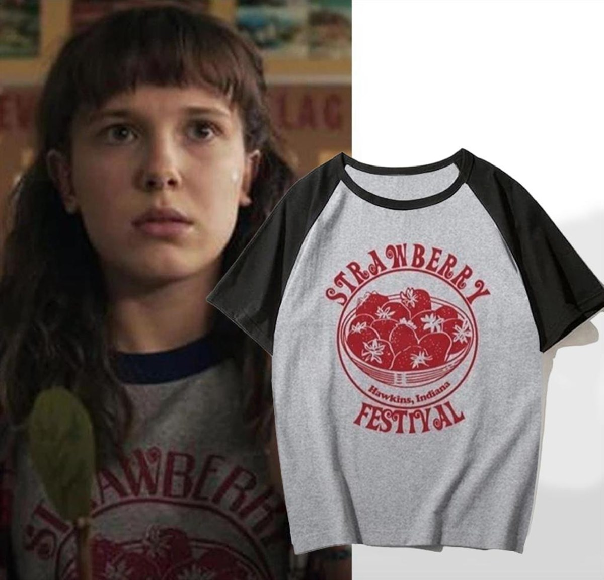 Stranger Things Gri Unisex Reglan Kol Strawberry Festival Tişört