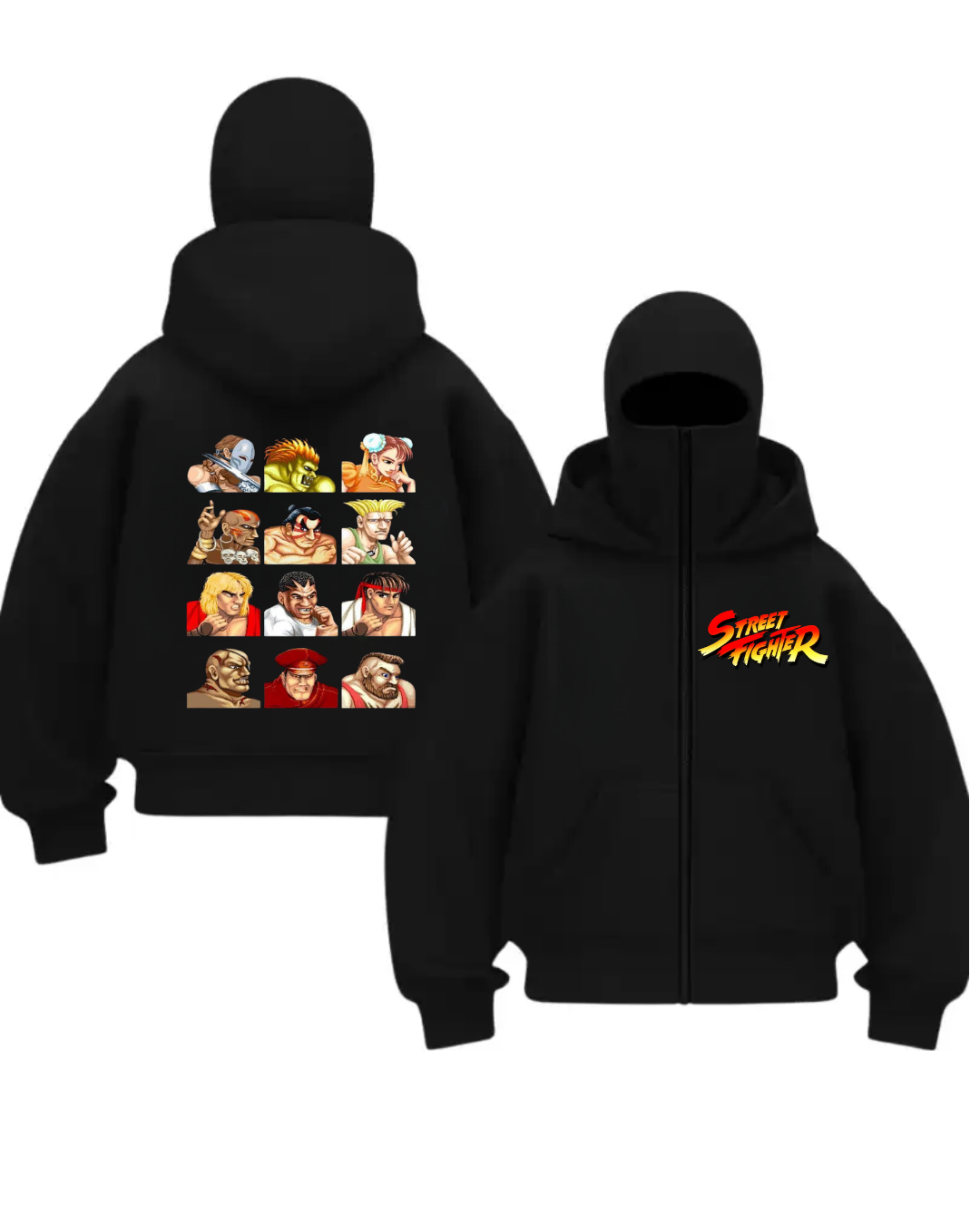 Street Fighter Baskılı 3 İplik ( Kalın )  Şardonlu ( İçi Pamuklu )  Unisex Kar Maskeli Kapüşonlu Oversize Ninja Hırka
