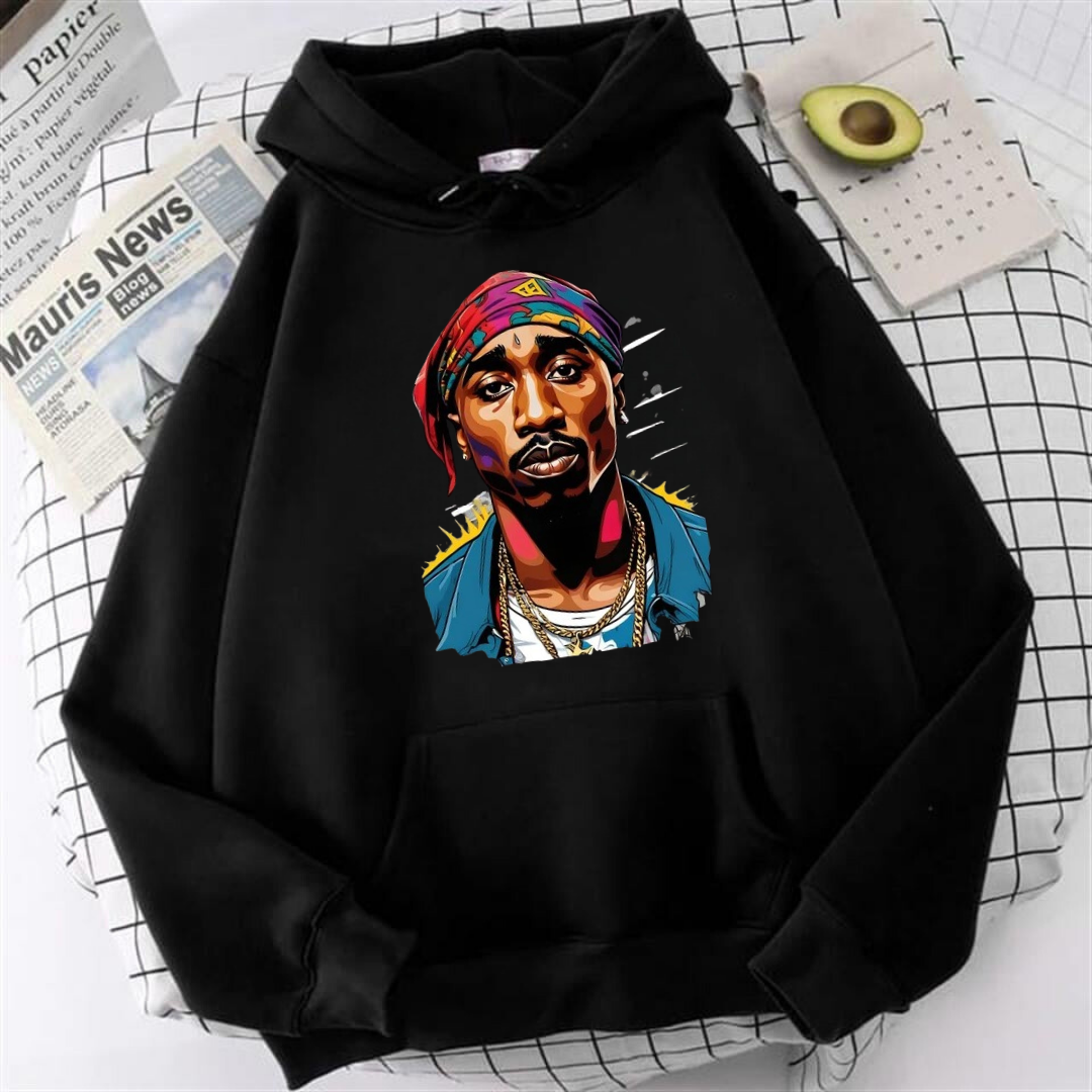 Street Wear Tupac Shakur Baskılı Oversize Unisex Siyah Kapşonlu Hoodie Sweatshirt