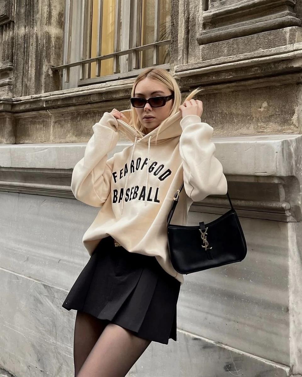 Streetwear Baseball Krem Rengi Unisex Oversize Kapüşonlu Sweatshirt