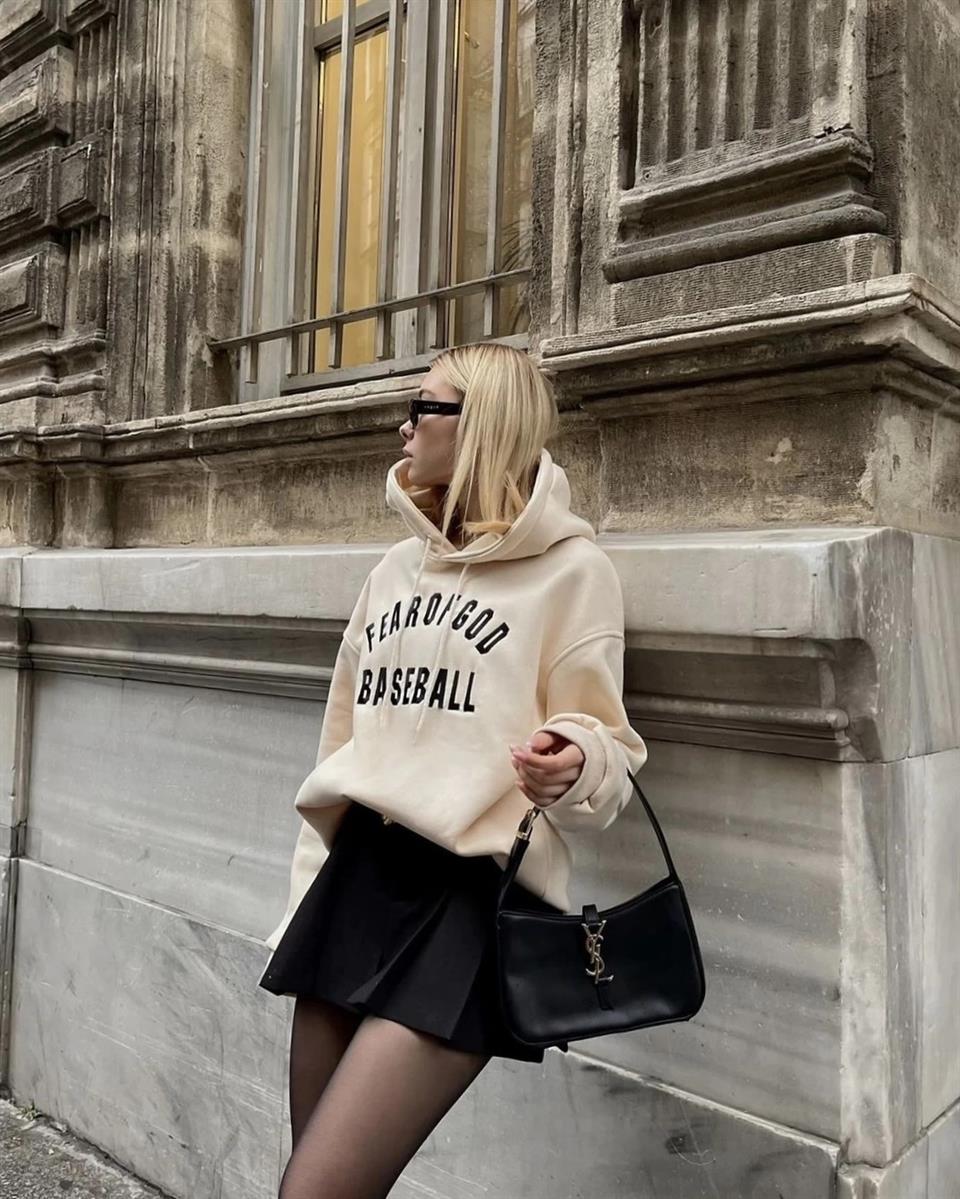 Streetwear Baseball Krem Rengi Unisex Oversize Kapüşonlu Sweatshirt