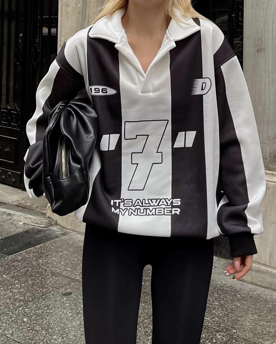 Streetwear Black Line Details 7 Beyaz Unisex Oversize Gömlek Yaka Sweatshirt