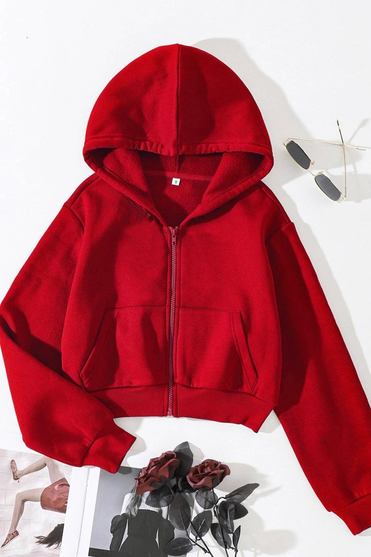 Streetwear Fermuarlı Uzun Kollu Bordo Crop Hırka