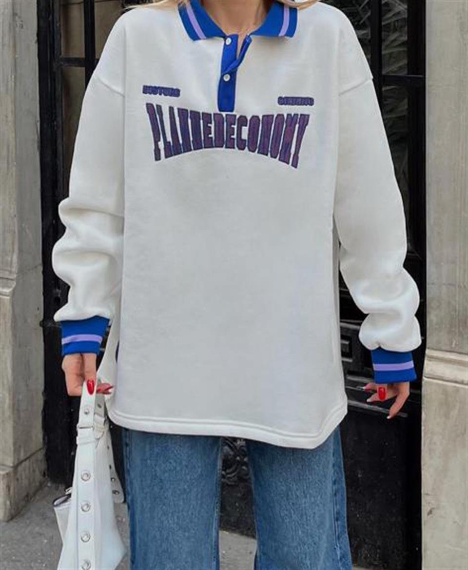 Streetwear Plannedeconomy Beyaz Unisex Oversize Gömlek Yaka Sweatshirt