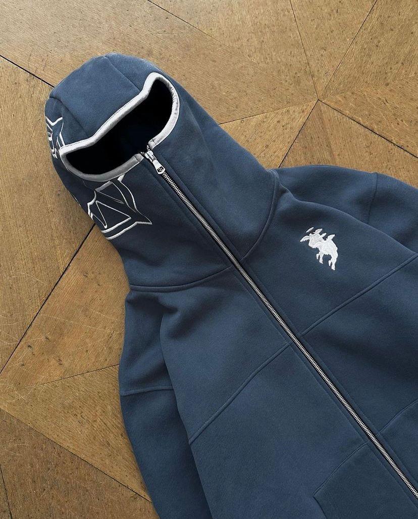 Streetwear Target Zip Nakış İşleme Oversize Mavi Kapşonlu Sweatshirt Hırka