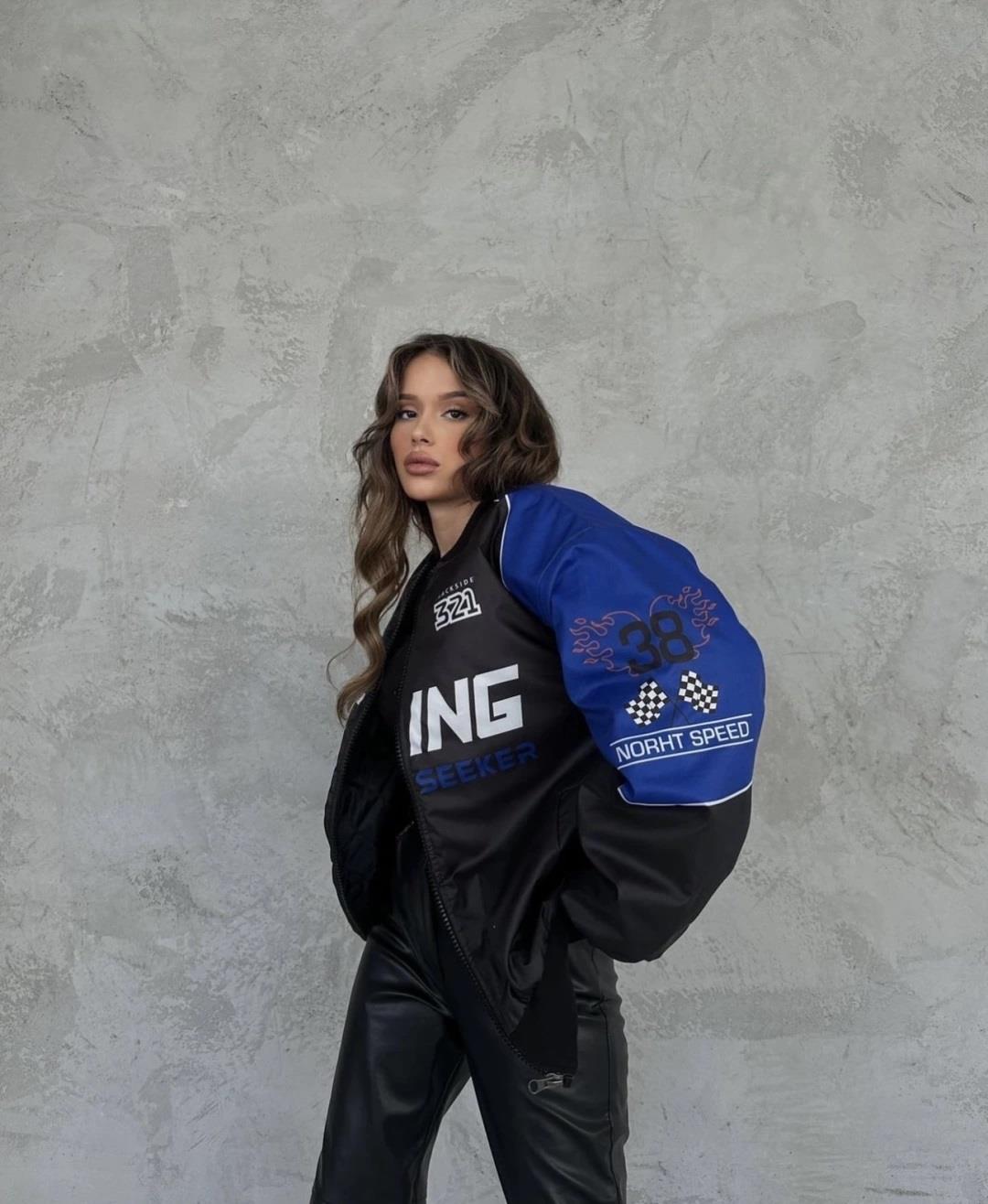 Streetwear Unisex İçi Astarlı Vintage Mavi Yarışçı Bomber Ceket