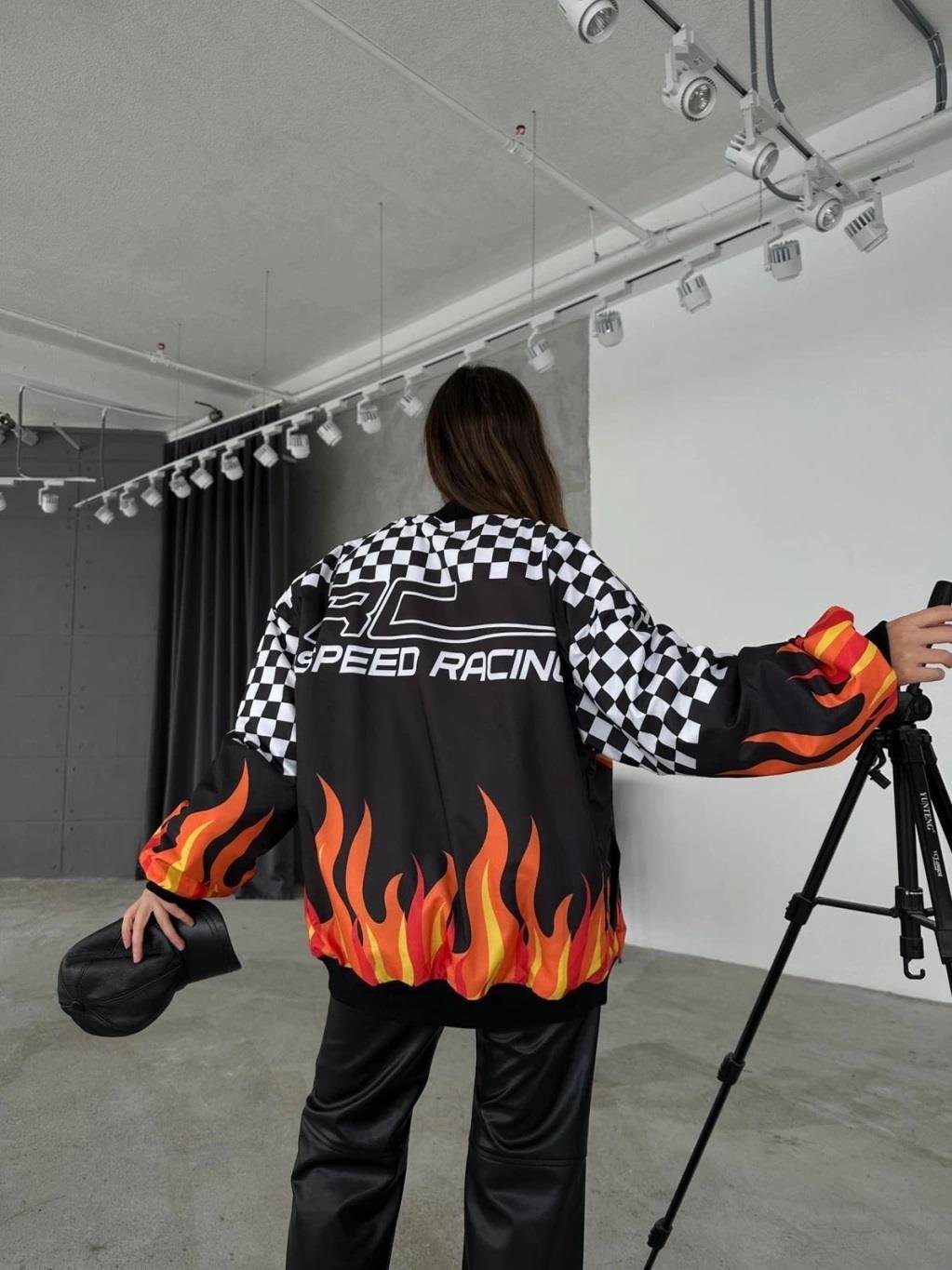 Streetwear Unisex İçi Astarlı Vintage Flame Yarışçı Bomber Ceket