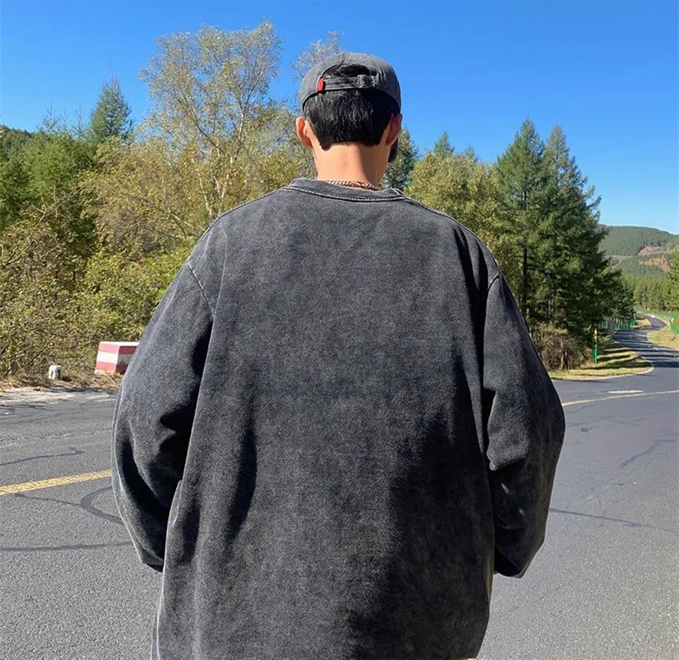 Streetwear Yıkamalı Vintage Unisex Oversize Bisiklet Yaka Sweatshirt