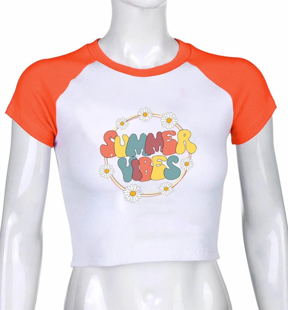 Summer Vibes Baskılı Reglan Kol Beyaz Crop