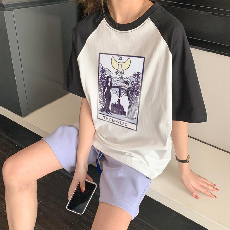 Tarot 'The Lovers' Baskılı Raglan Sleeve Beyaz Unisex Oversize T-shirt