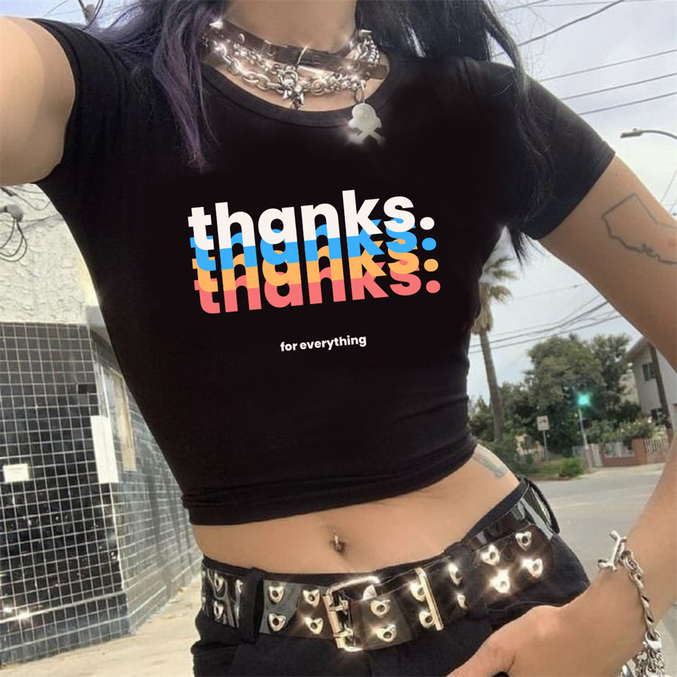Thanks Baskılı Siyah Crop