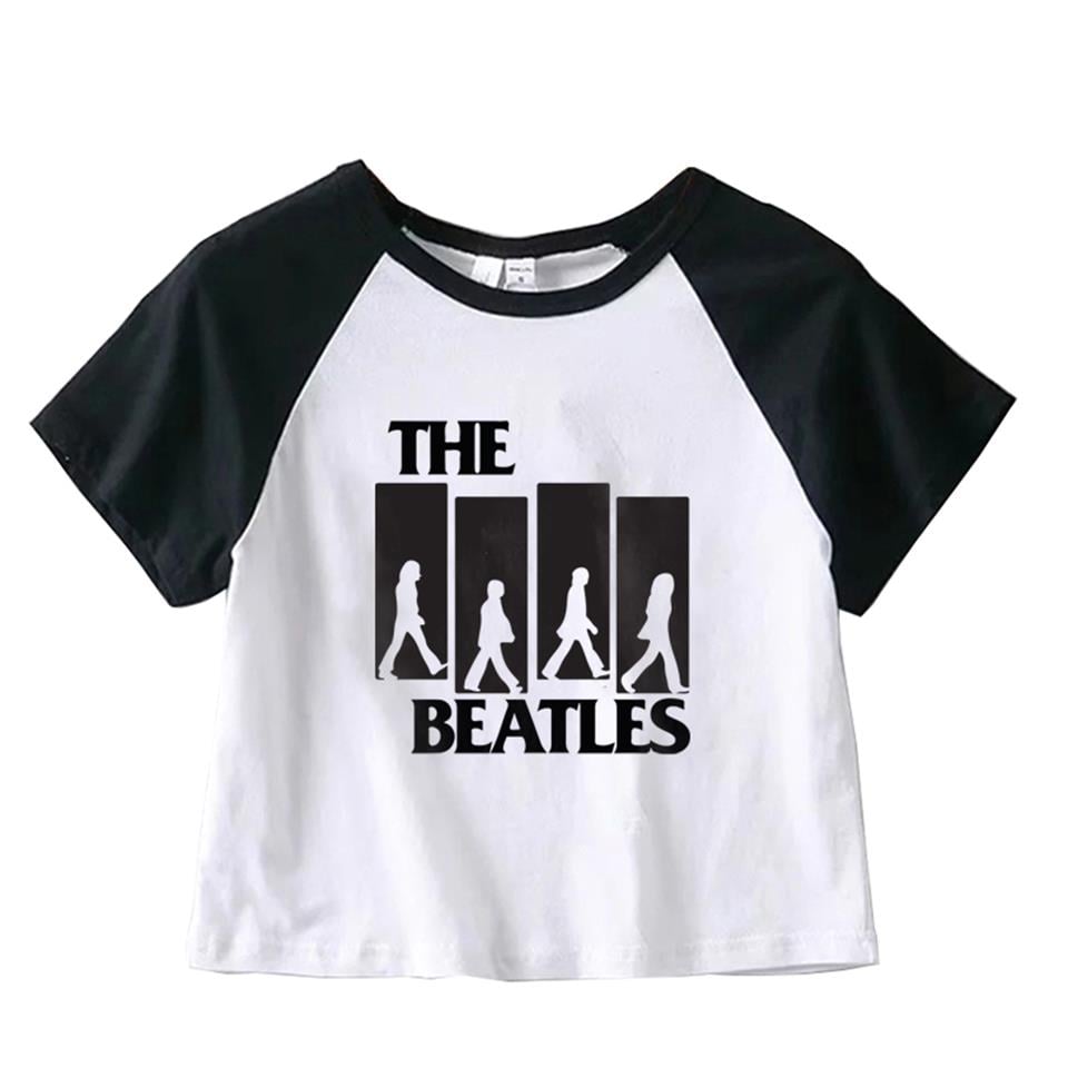 The Beatles Baskılı Reglan Kol Beyaz Crop