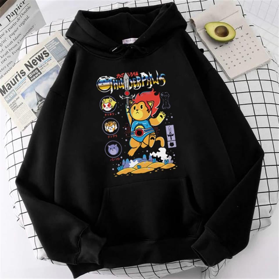 Thunder Paws Baskılı Siyah Unisex Oversize Kapüşonlu Sweatshirt