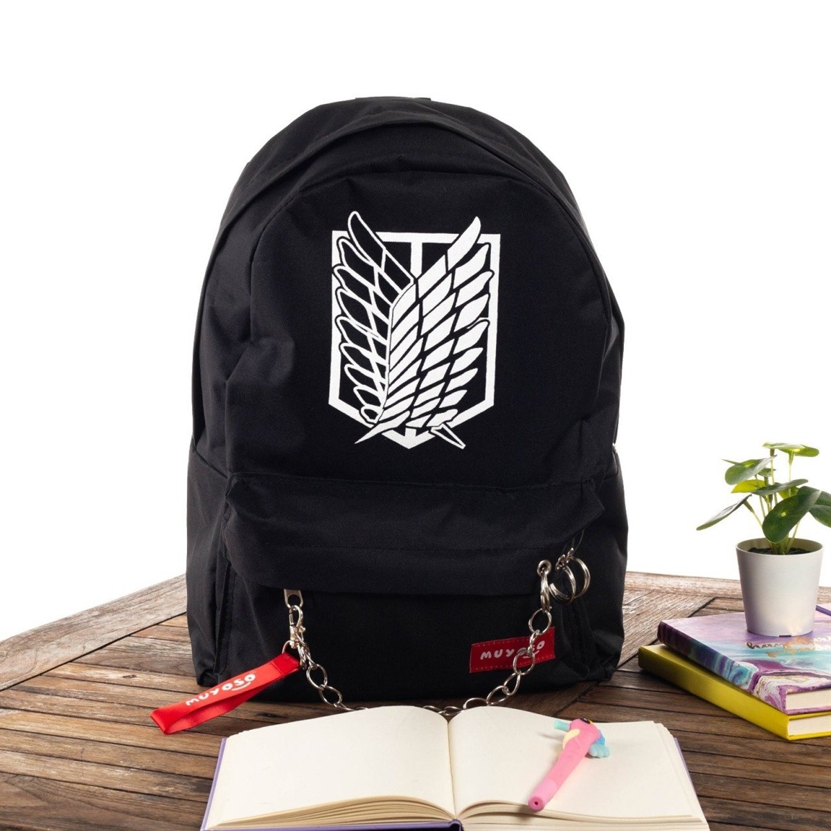 Touz Anime Attack On Titan Logo Piercingli Zincirli Siyah Sırt Çantası