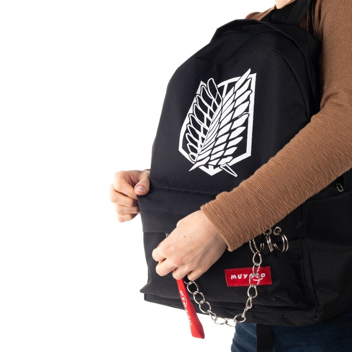 Touz Anime Attack On Titan Logo Piercingli Zincirli Siyah Sırt Çantası