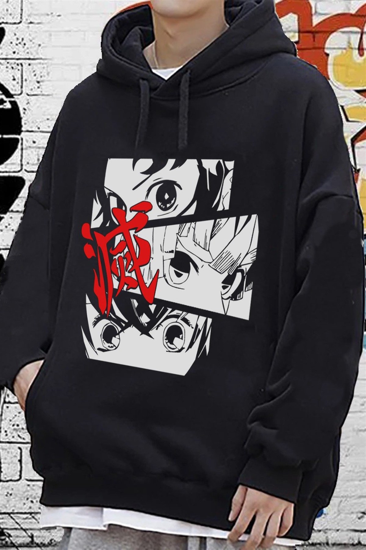 Touz Anime Demon Slayer Siyah Kapşonlu Sweetshirt Hoodie