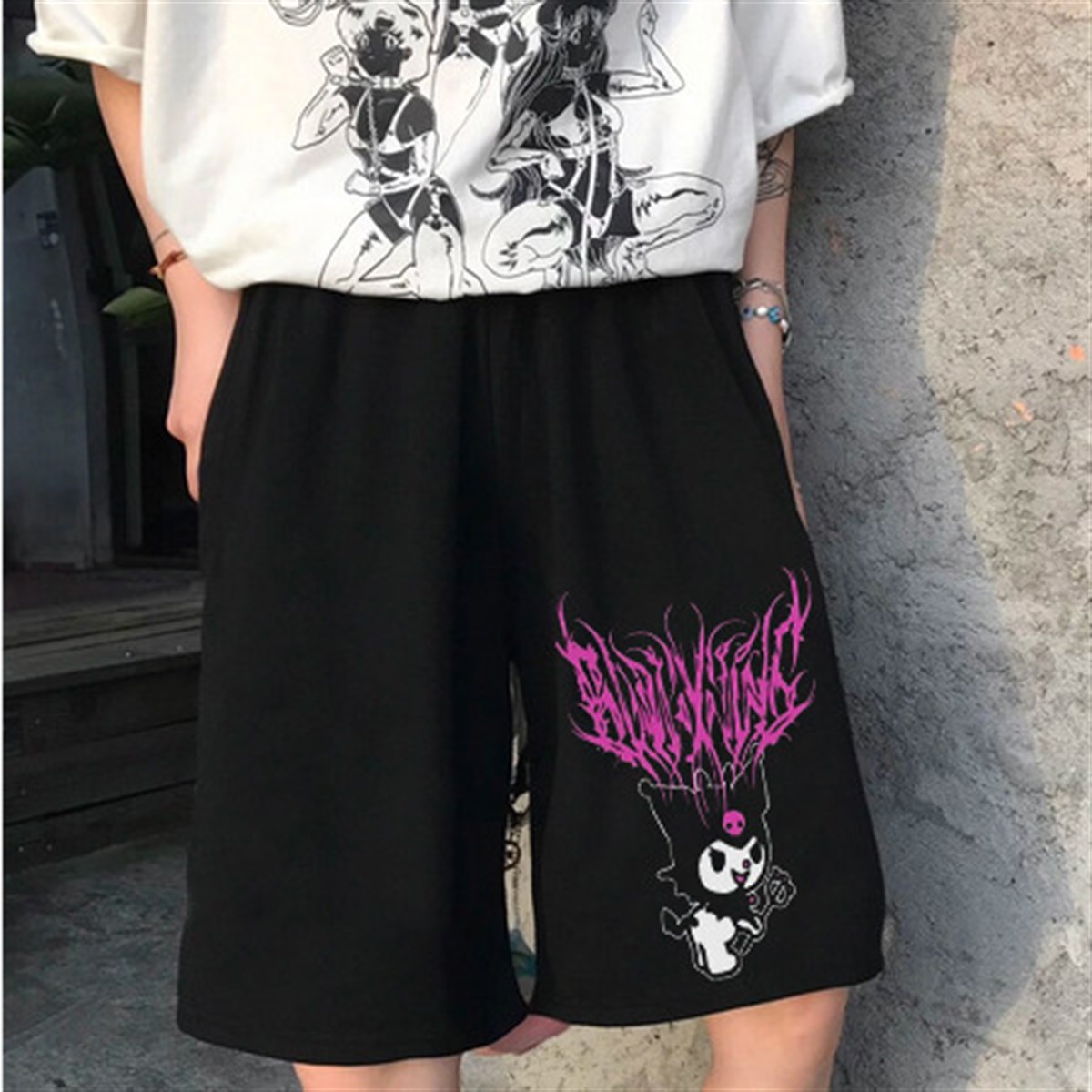 Touz Anime Harajuku Kuromi Sanrio Penye Unisex Şort