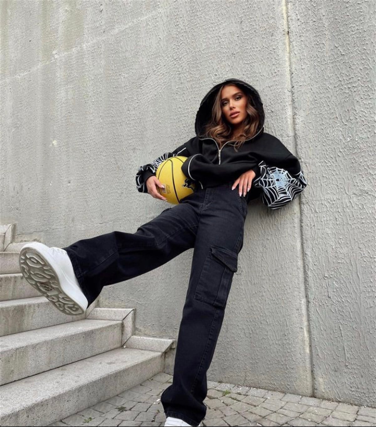Touz Gothic Spider Web Kapüşonlu Fermuarlı Oversize Sweatshirt