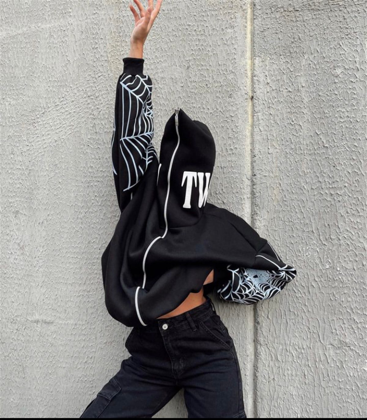 Touz Gothic Spider Web Kapüşonlu Fermuarlı Oversize Sweatshirt