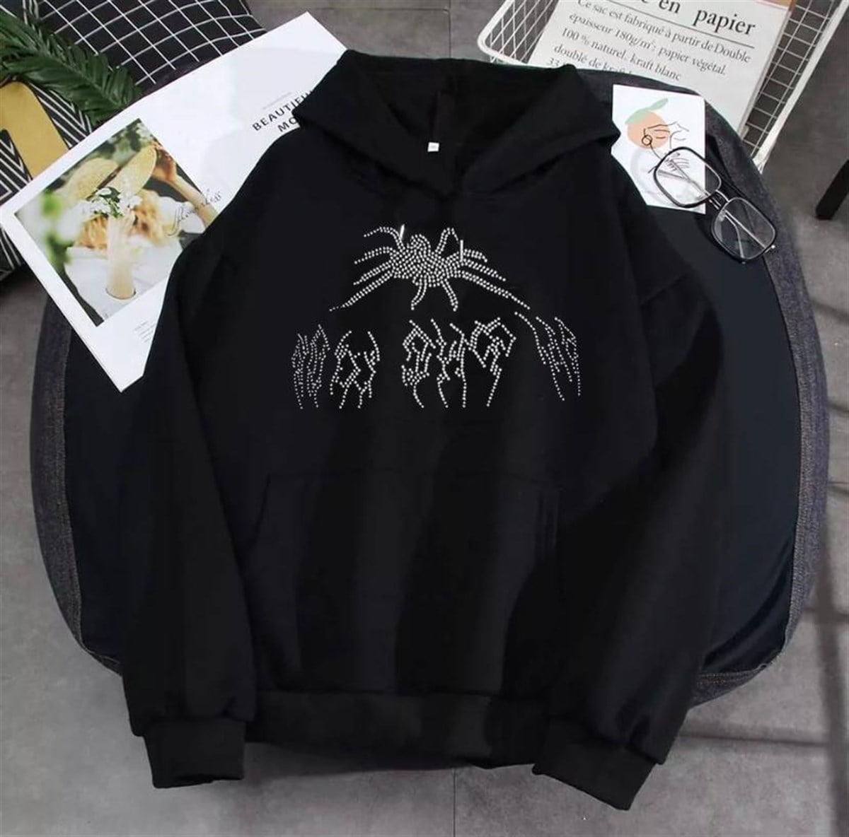 Touz Gothic Taşlı Spider Kapüşonlu Hoodie