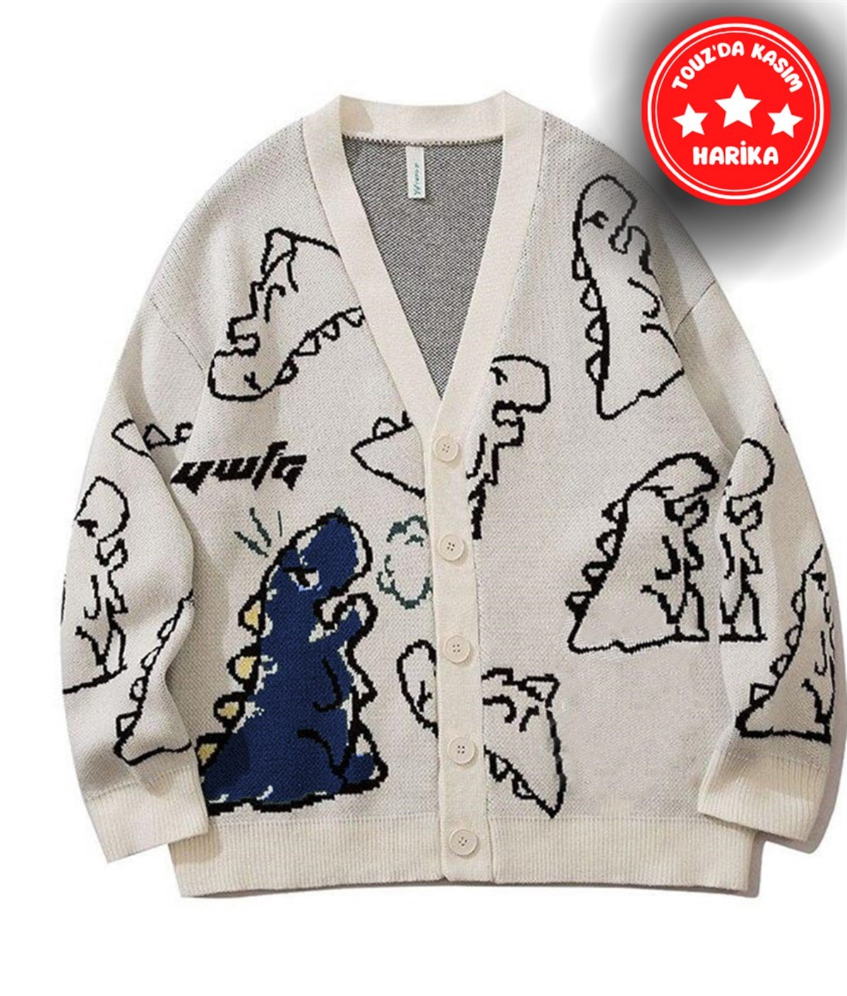 Touz Harajuku Bej Dinazor Oversize Unisex Hırka