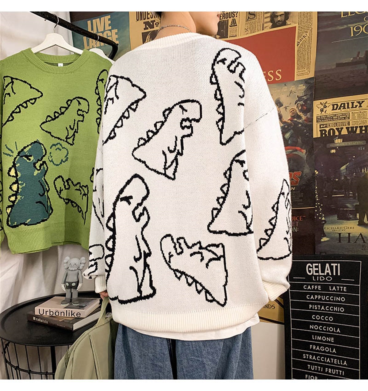 Touz Harajuku Bej Dinosarus Oversize Unisex Kazak