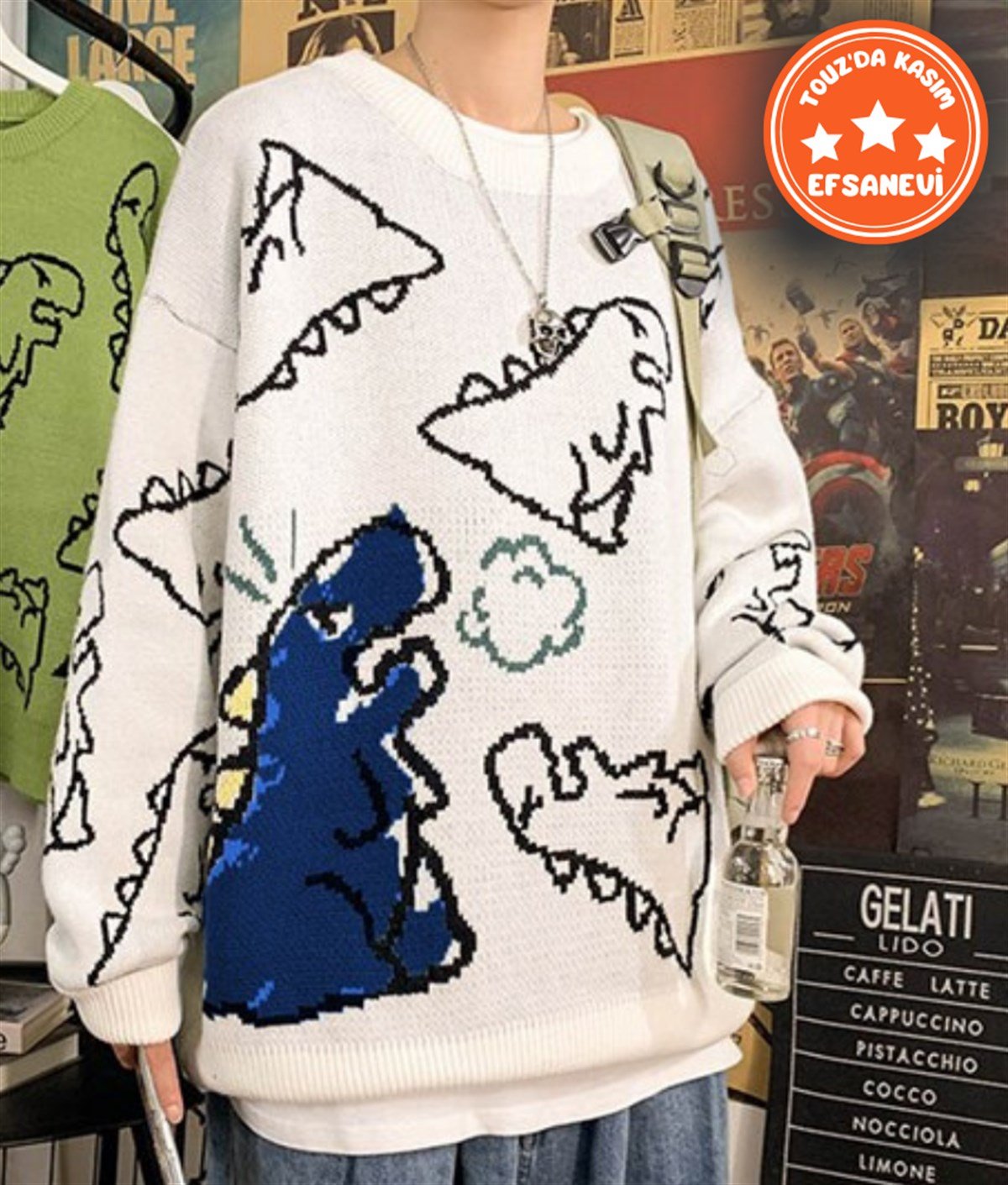 Touz Harajuku Bej Dinosarus Oversize Unisex Kazak