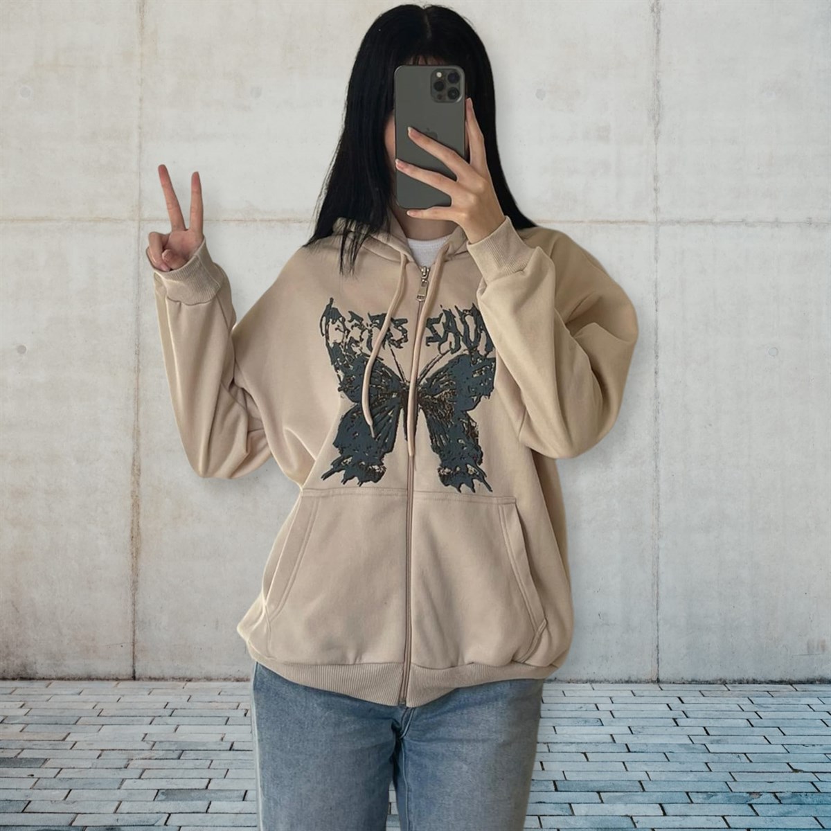 Touz Harajuku Butterfly Krem (Unisex) Fermuarlı Kapşonlu