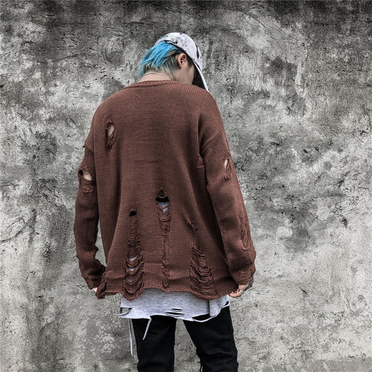 Touz Harajuku Oversize Unisex Yırtıklı Kahverengi Kazak
