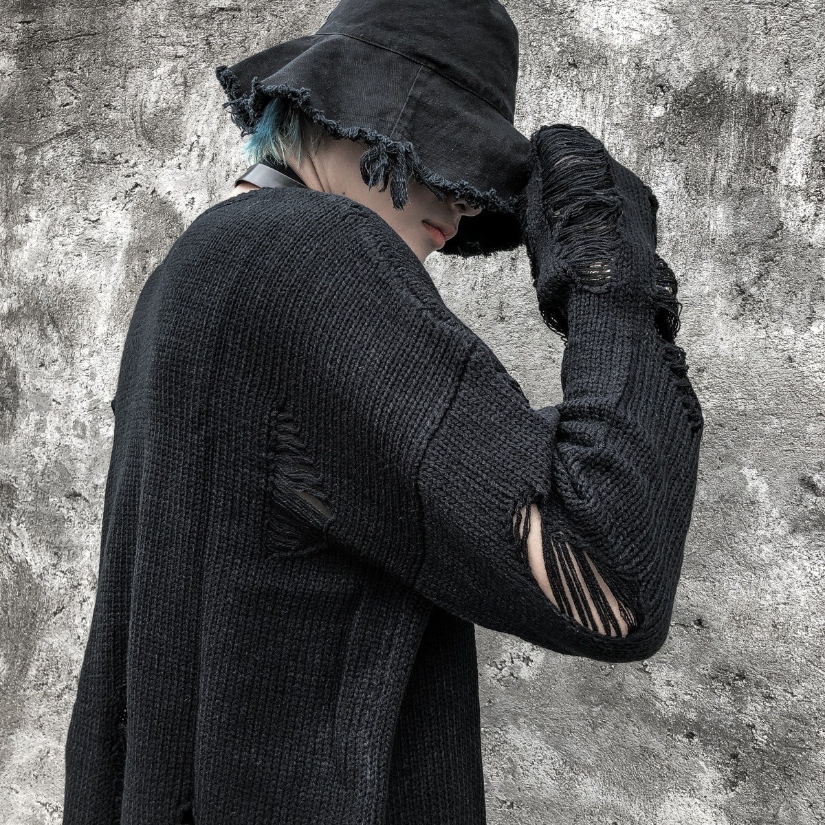 Touz Harajuku Oversize Unisex Yırtıklı Siyah Kazak