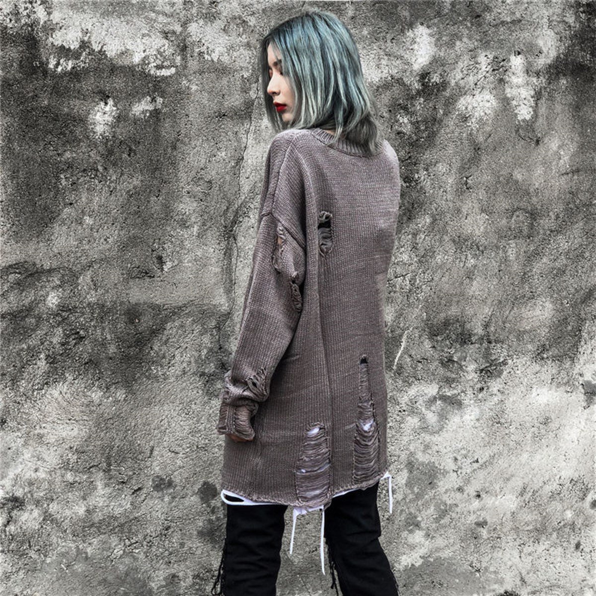 Touz Harajuku Oversize Unisex Yırtıklı Gri Kazak