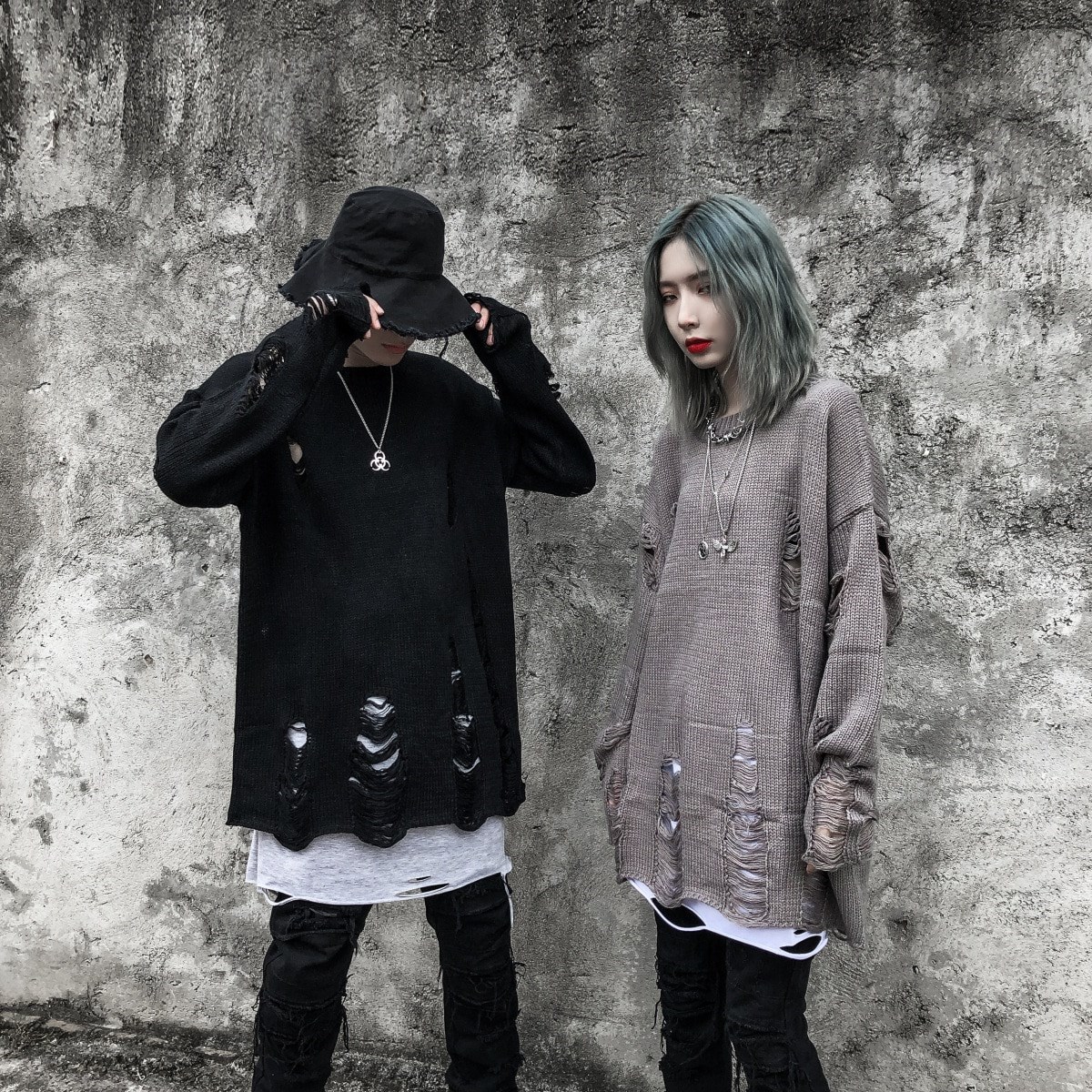 Touz Harajuku Oversize Unisex Yırtıklı Siyah Kazak