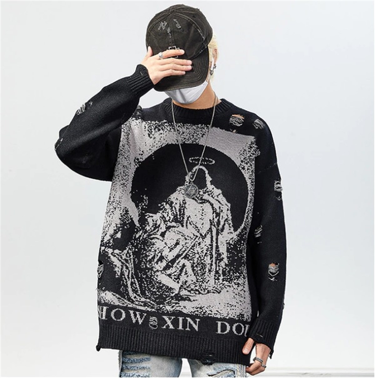 Touz Harajuku Priest Salvation Printed Bordo Siyah Unisex Yırtıklı Triko Kazak