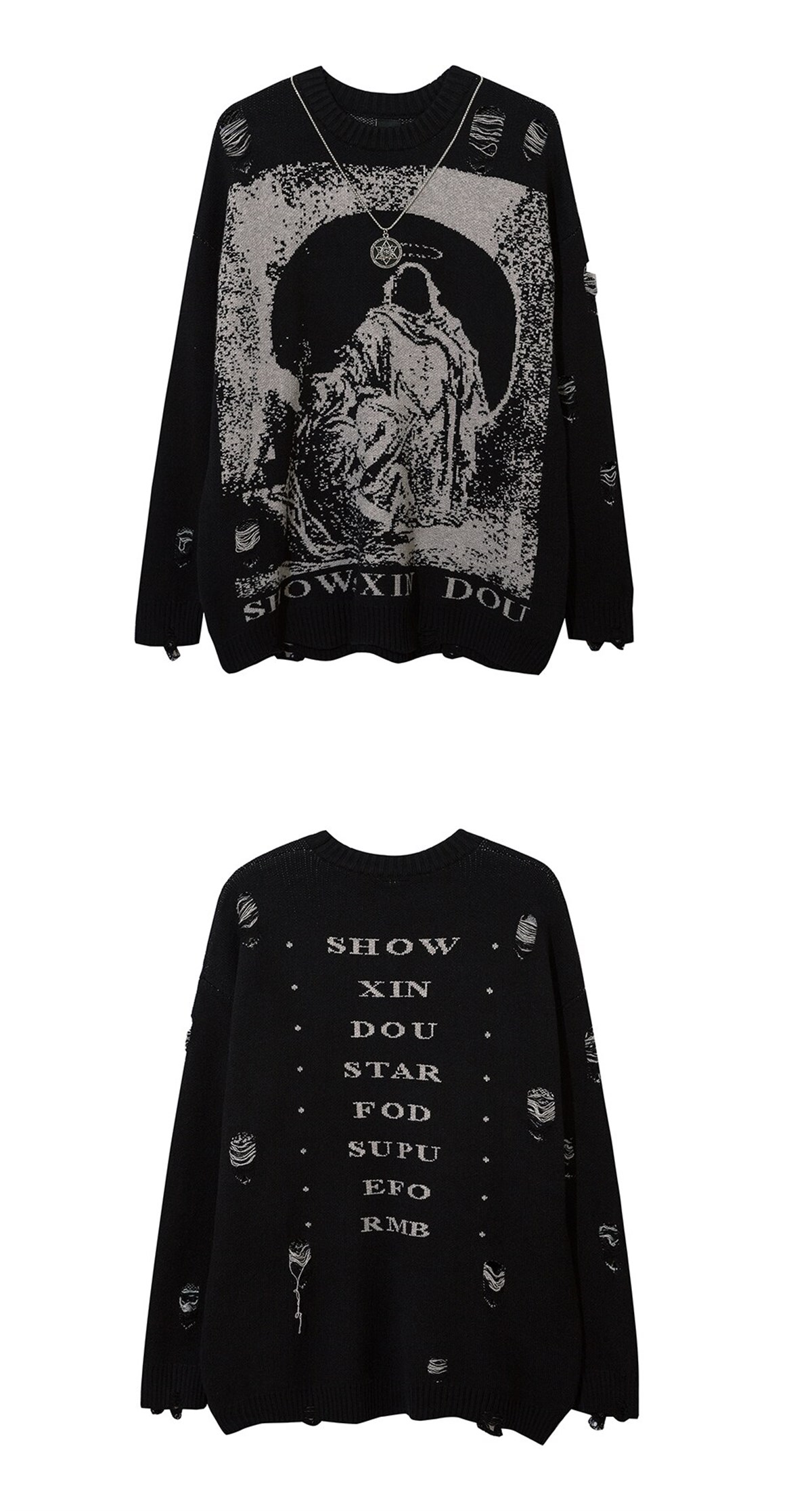 Touz Harajuku Priest Salvation Printed Bordo Siyah Unisex Yırtıklı Triko Kazak