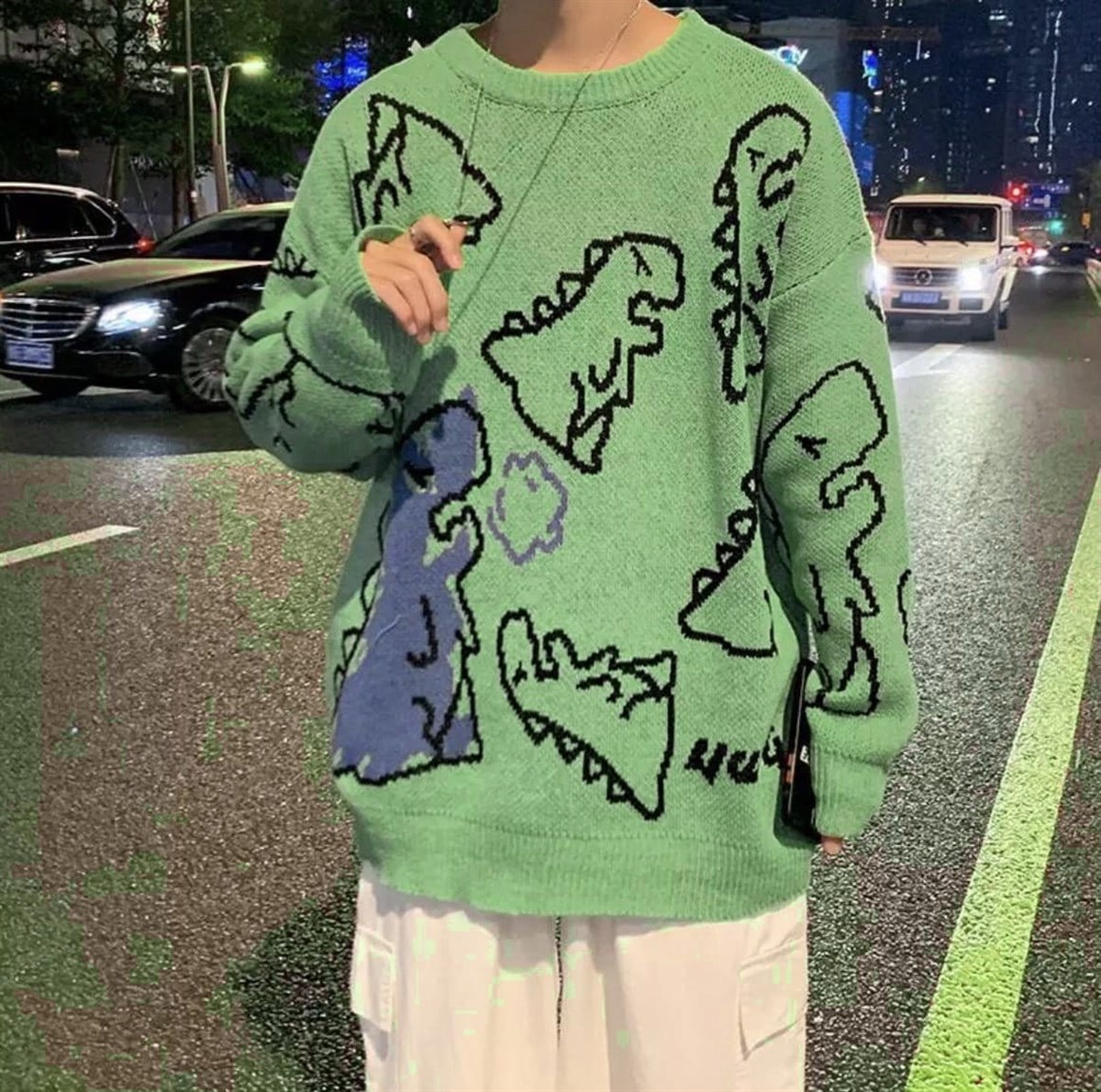 Touz Harajuku Yeşil Dinosarus Oversize Unisex Kazak