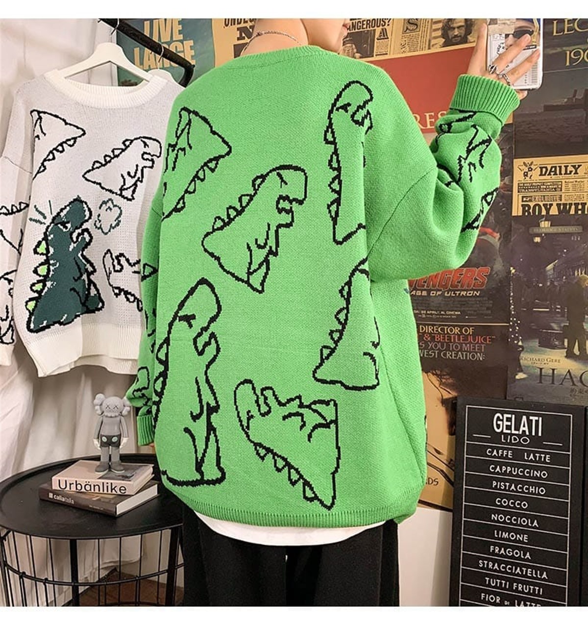 Touz Harajuku Yeşil Dinosarus Oversize Unisex Kazak