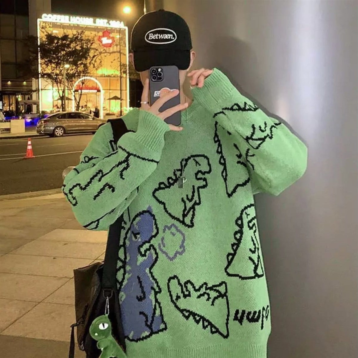 Touz Harajuku Yeşil Dinosarus Oversize Unisex Kazak