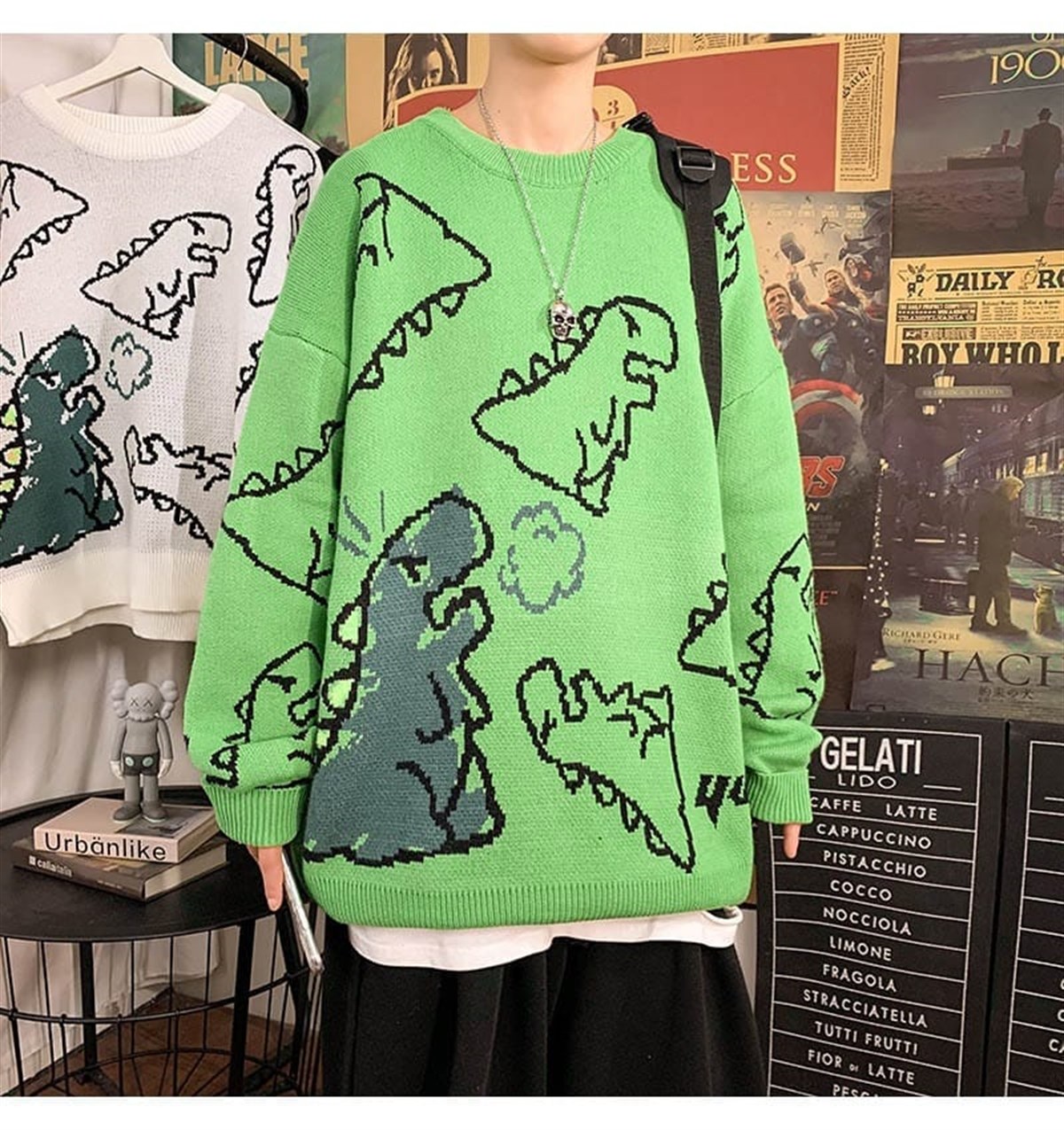 Touz Harajuku Yeşil Dinosarus Oversize Unisex Kazak