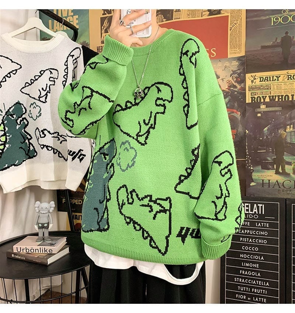 Touz Harajuku Yeşil Dinosarus Oversize Unisex Kazak