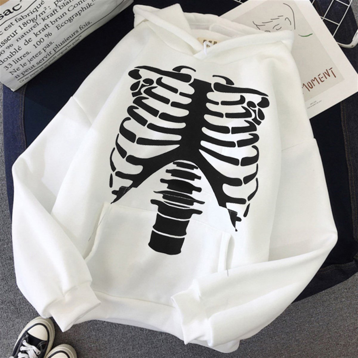 Touz Harujuku Skeleton Beyaz Kapüşonlu Sweetshirt