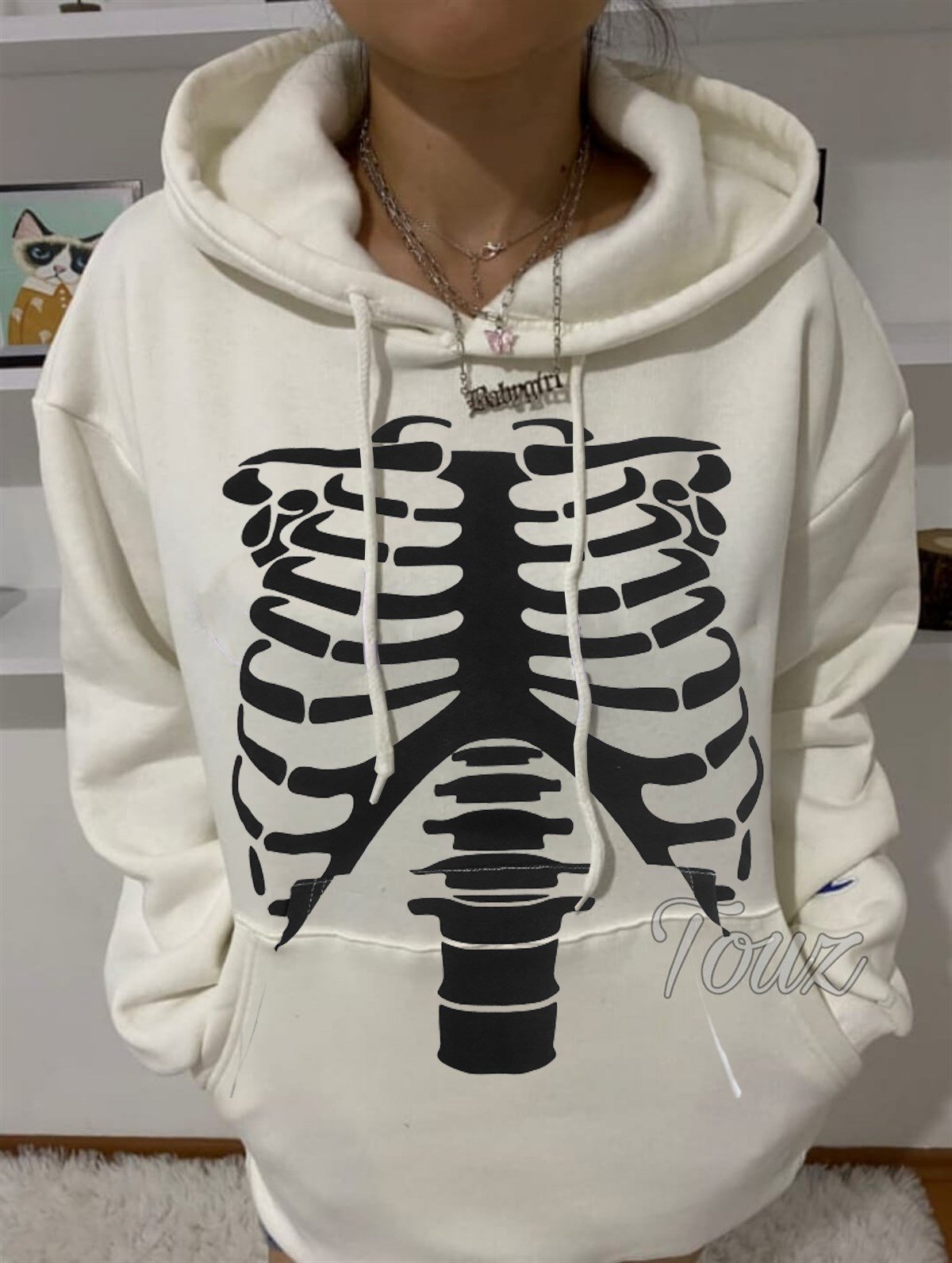 Touz Harujuku Skeleton Beyaz Kapüşonlu Sweetshirt