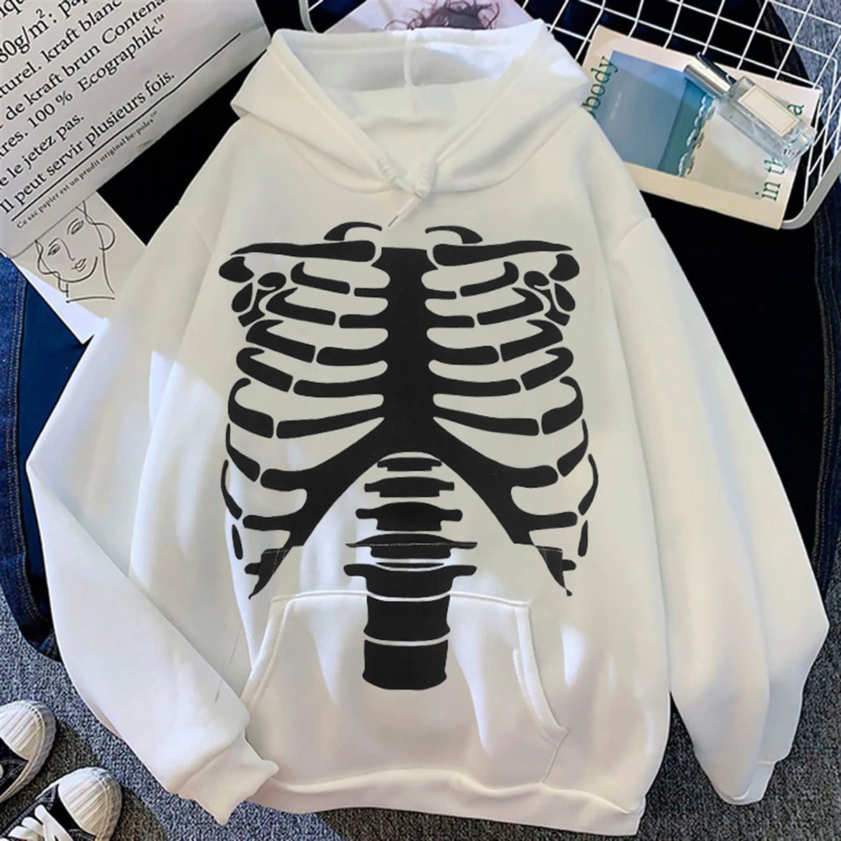 Touz Harujuku Skeleton Beyaz Kapüşonlu Sweetshirt